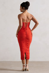 Orange Ruched Corset Bodycon Midi Dress